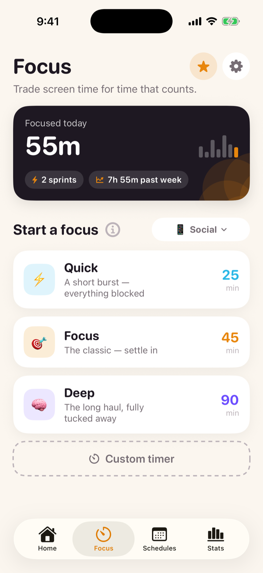 Start a focus: Quick 25 minutes, Focus 45 minutes, Deep 90 minutes, or a custom timer