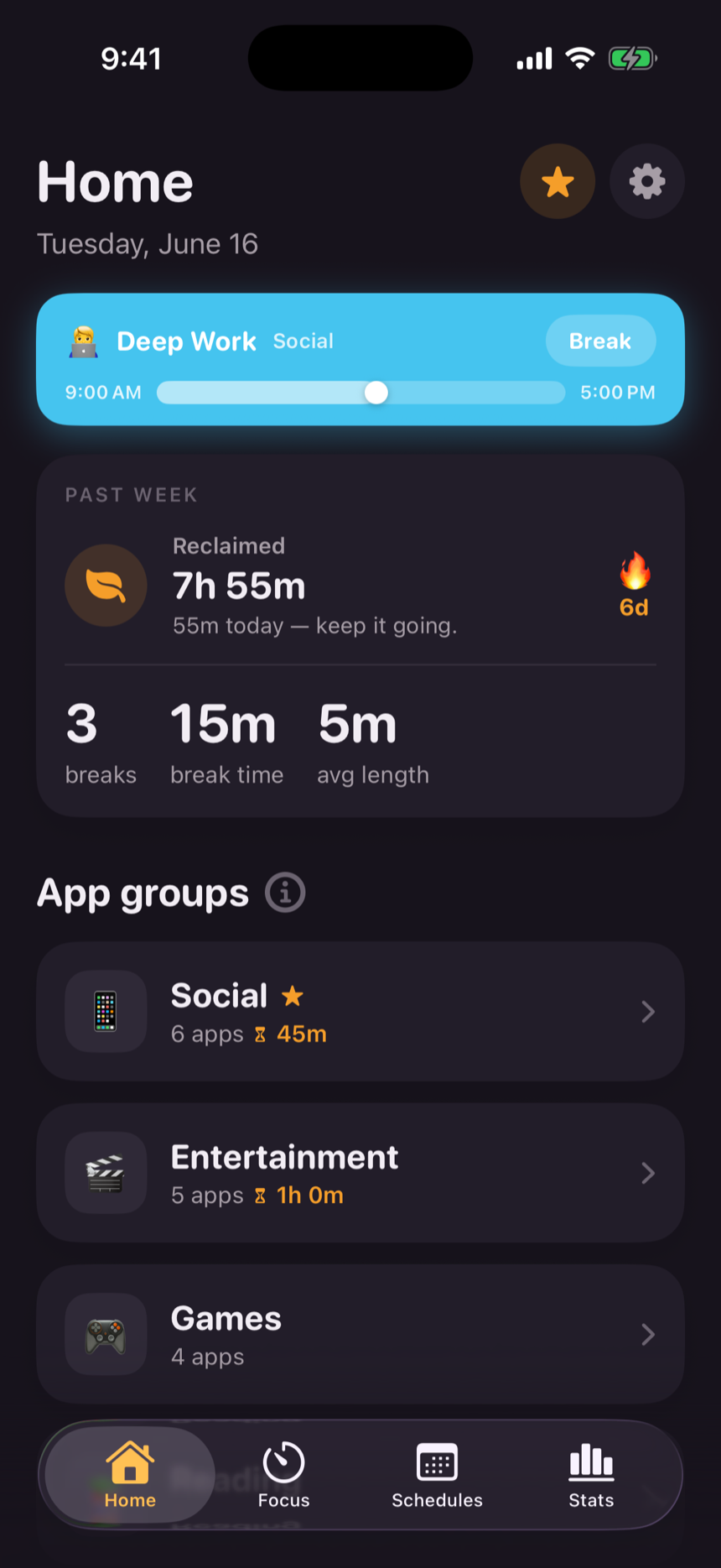 Marigold's Home in dark mode: a live schedule, time reclaimed this week, and your app groups